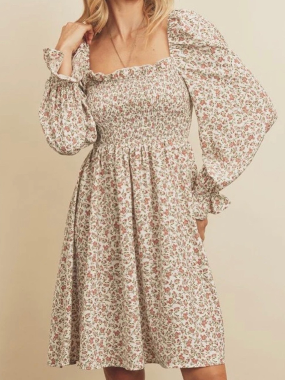 Bohme Floral Boho Prairie‎ Festival Cottagecore Babydoll Smocked Mini Dress M